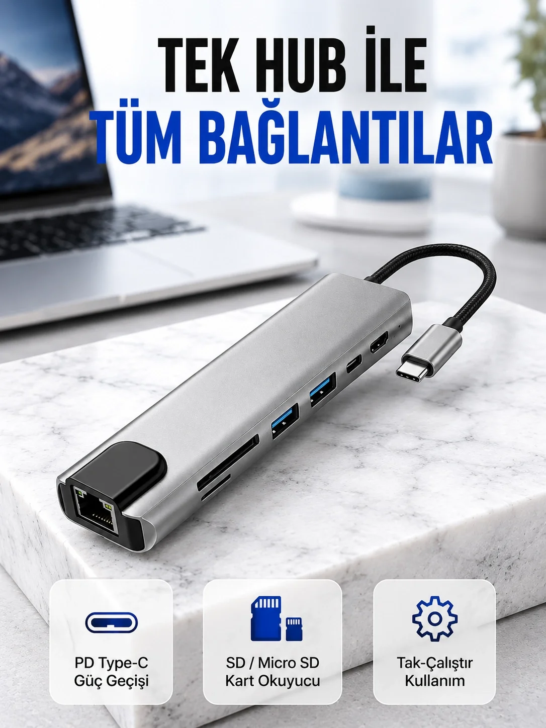 Alüminyum Gövdeli Type‑C HDMI &amp; Ethernet Adaptör – Tak &amp; Çalıştır