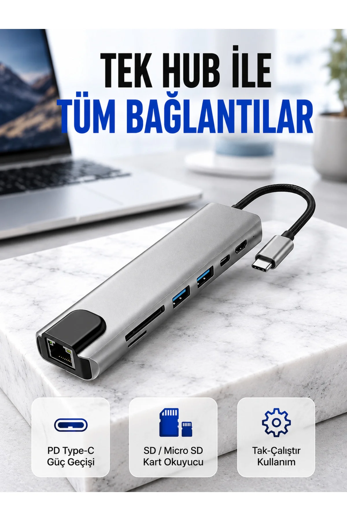 Alüminyum Gövdeli Type‑C HDMI & Ethernet Adaptör – Tak & Çalıştır Alüminyum Gövdeli Type‑C HDMI & Ethernet Adaptör – Tak & Çalıştır