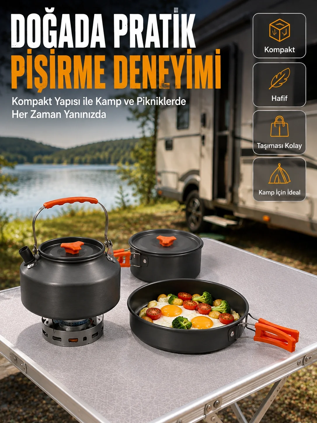 Alüminyum Kamp Pişirme Seti Katlanabilir Kulplu Çaydanlık Tencere Tava Outdoor Yemek Seti