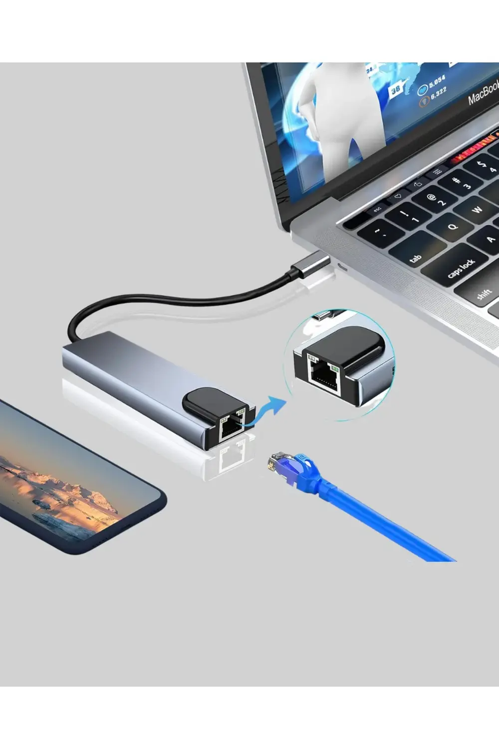 Alüminyum Kasalı MacBook USB-C Hub – 4K HDMI, USB 3.0, SD/TF Kart