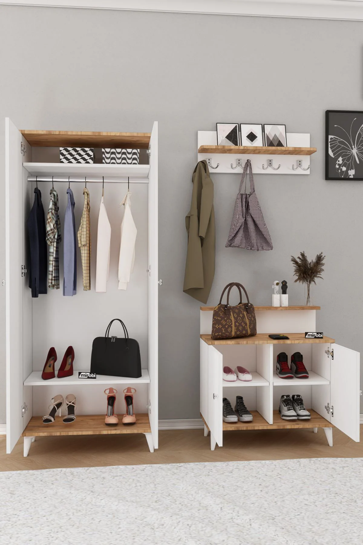 Alvo Vestiyer Takımı 2 Kapaklı Askılıklı Ayakkabılık Dolabı Beyaz