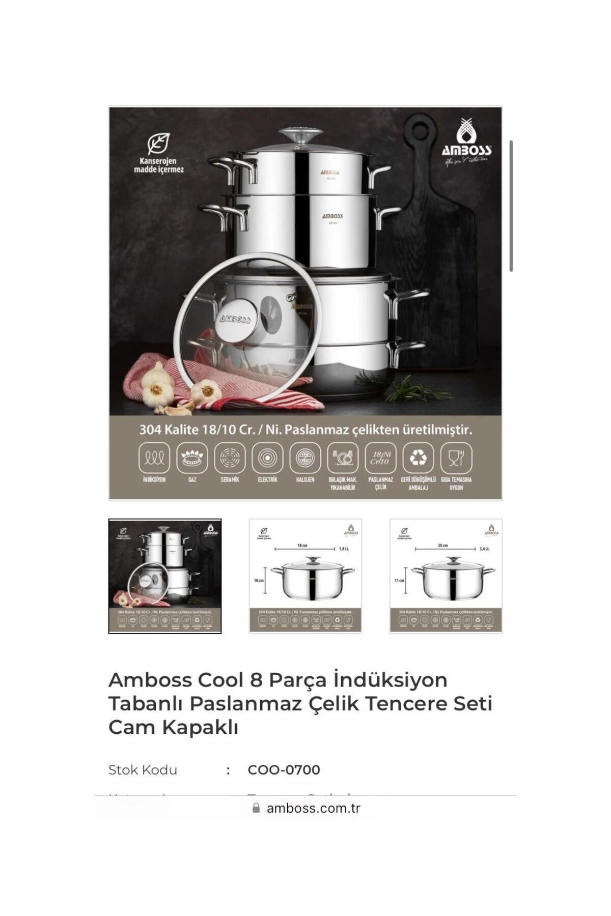 Amboss Cool8 Parça İndüksiyon Tabanlı Paslanmaz Çelik Tencere Set