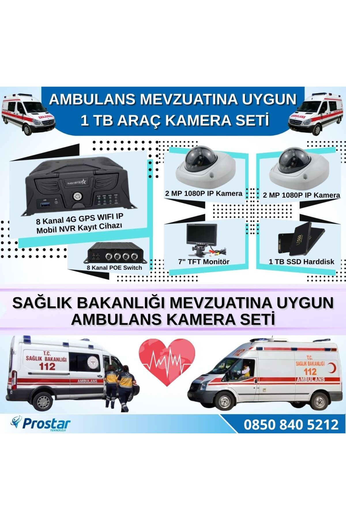 Navistar Ambulans Mevzuatına Uygun 2 Kameralı 8 Kanal Mobil Nvr 1 Tb 7 İnç