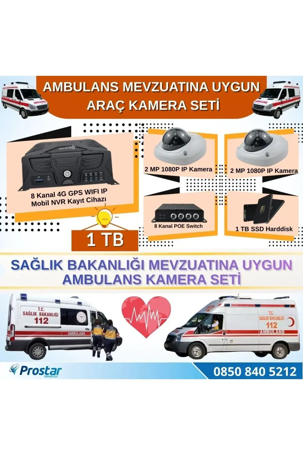 Ambulans Mevzuatına Uygun 1 TB 2 Kameralı 8 Kanal Mobil NVR Tak K