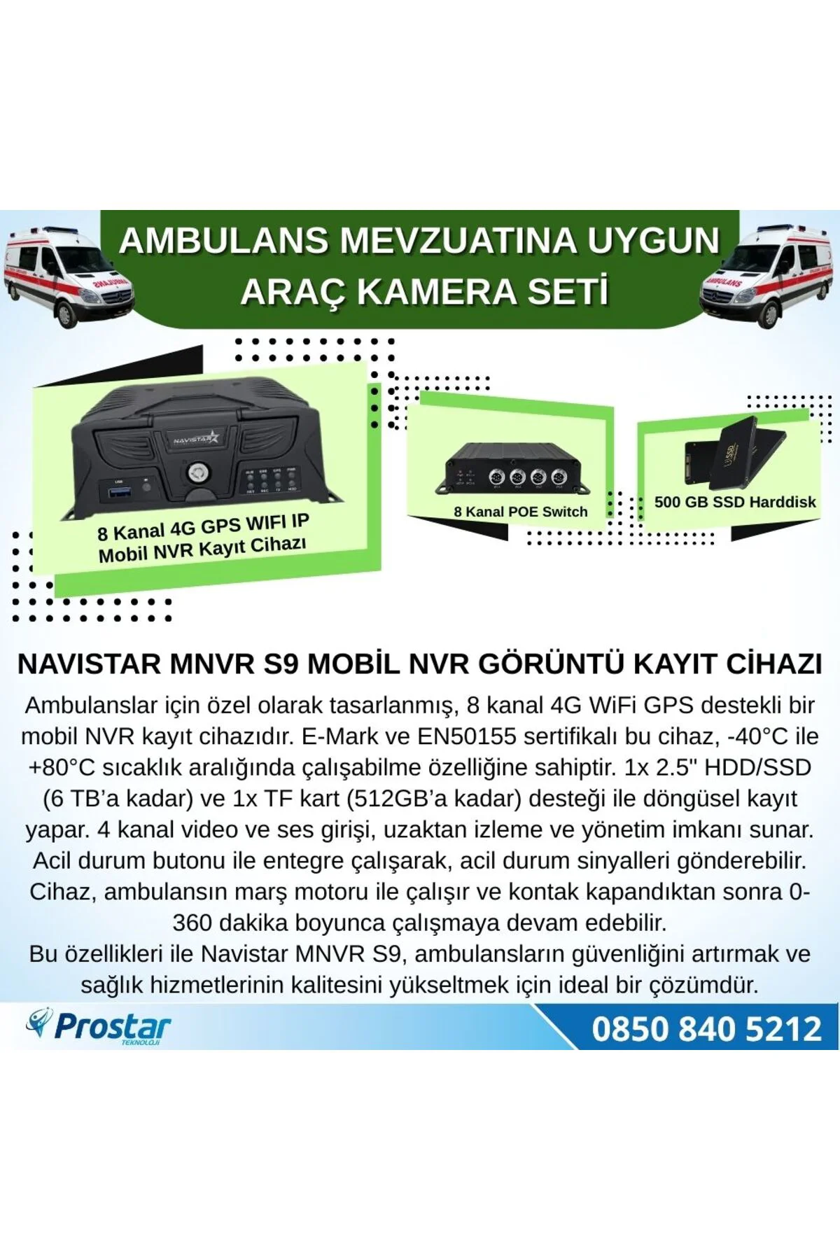 Ambulans Yönetmeliğine Uygun 2 Kameralı 8 Kanal Mobil NVR 500 GB 