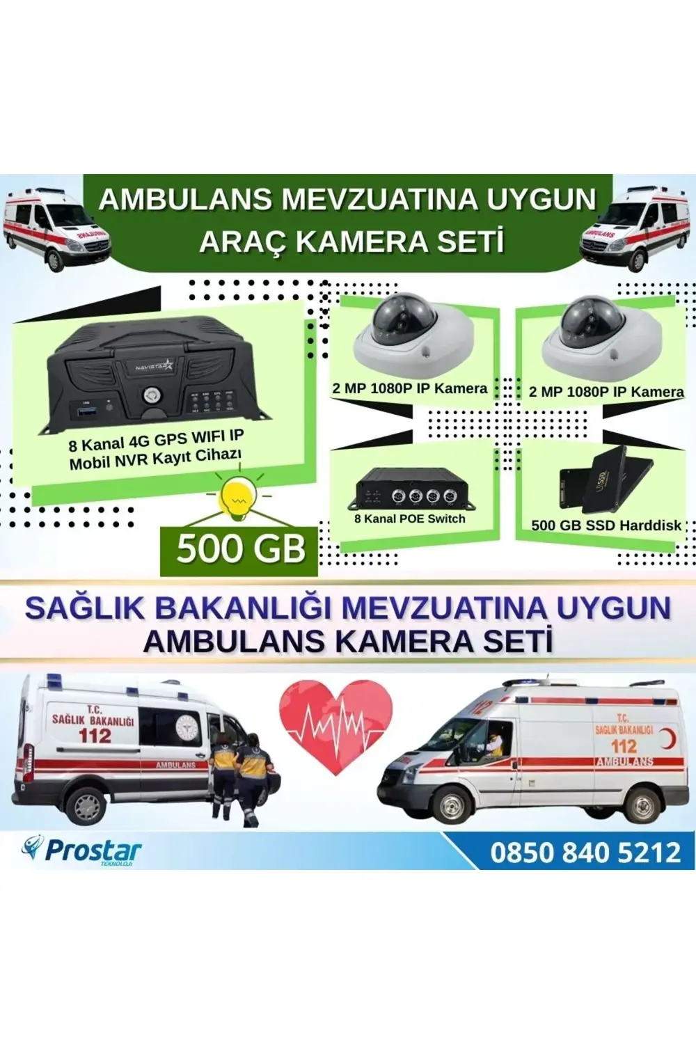 Ambulans Yönetmeliğine Uygun 2 Kameralı 8 Kanal Mobil NVR 500 GB
