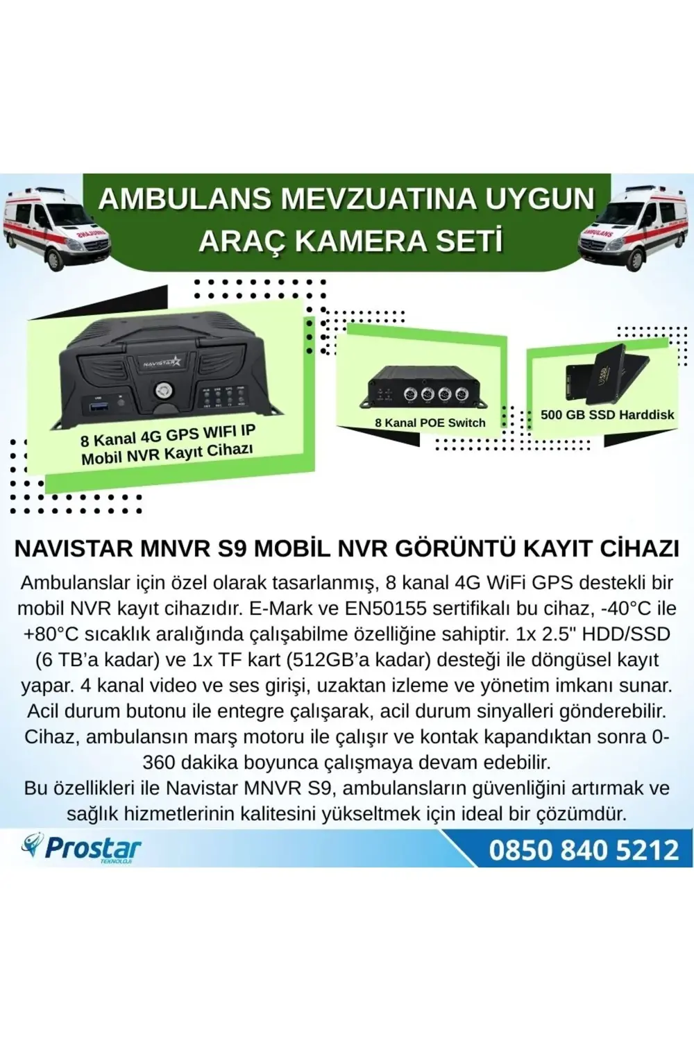 Ambulans Yönetmeliğine Uygun 2 Kameralı 8 Kanal Mobil NVR 500 GB