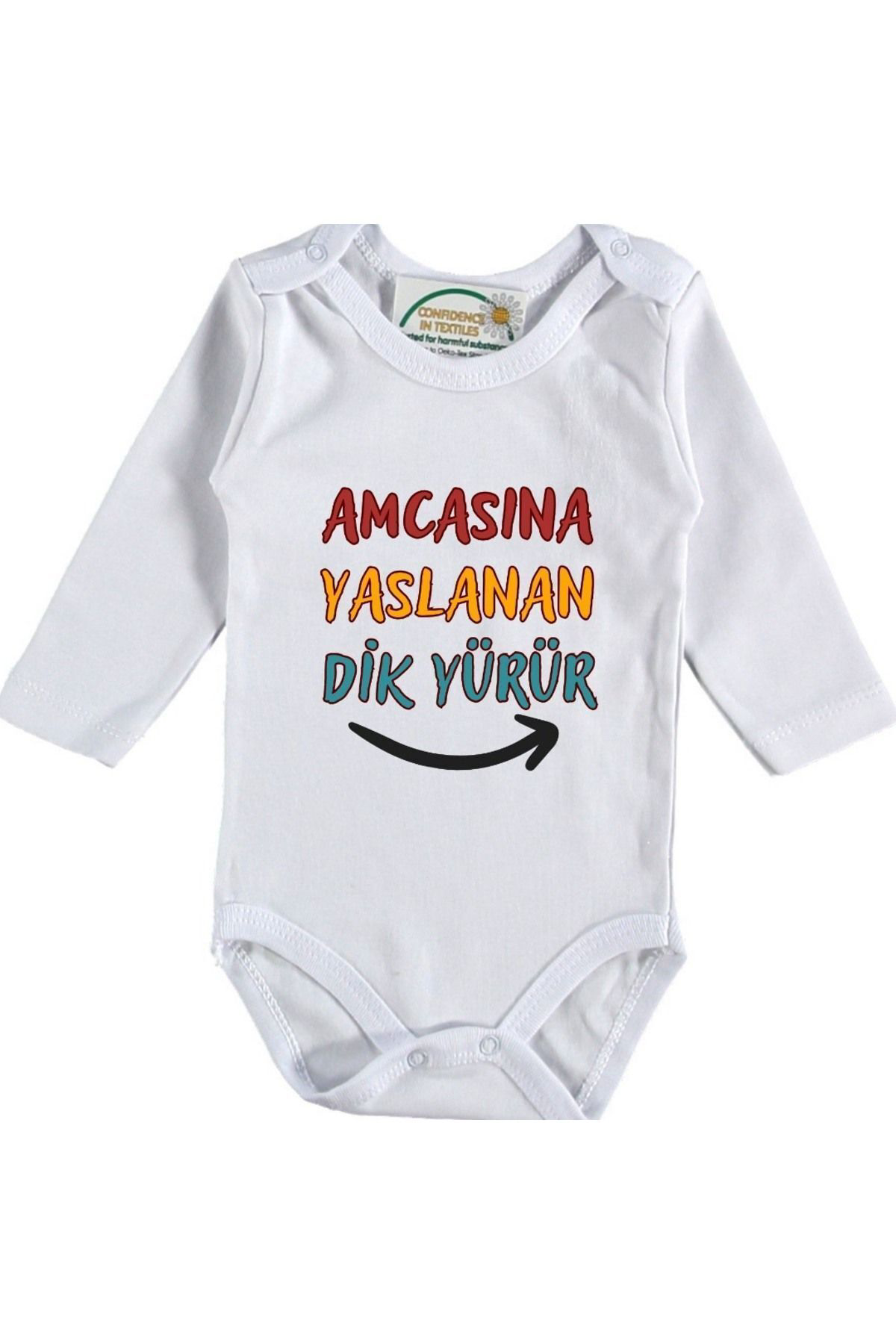 Amcasına Yaslanan Dik Yürür Yazılı Kişiye özel Bebek Zıbın