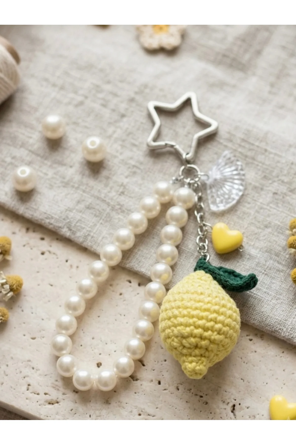 Amigurumi Limon Çanta Aksesuarı Ve İncili Yıldız Anahtarlık