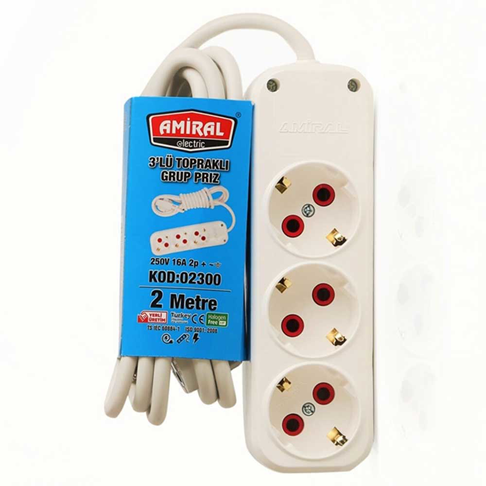 Evimdeyokyok Amiral 3' Lü Toprakli 2 Metre Kablolu Grup Priz Tdrtr