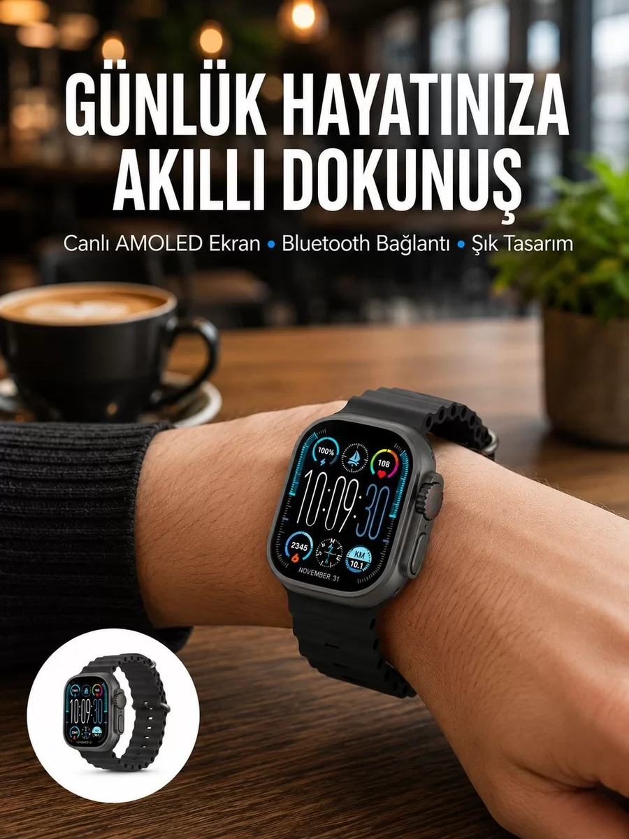 AMOLED Akıllı Saat Bluetooth Arama Su Geçirmez 15 Günlük Pil Ömrü - Klasik ve Spor Kombinlere Uyumlu