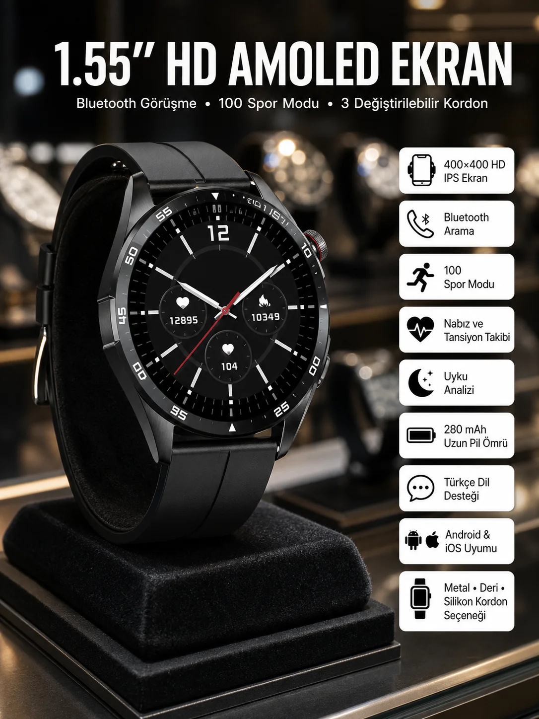 Amoled Ekran 3 Kordonlu Akıllı Saat 5.0 Bluetooth Bağlantılı Android ve İOS Uyumlu