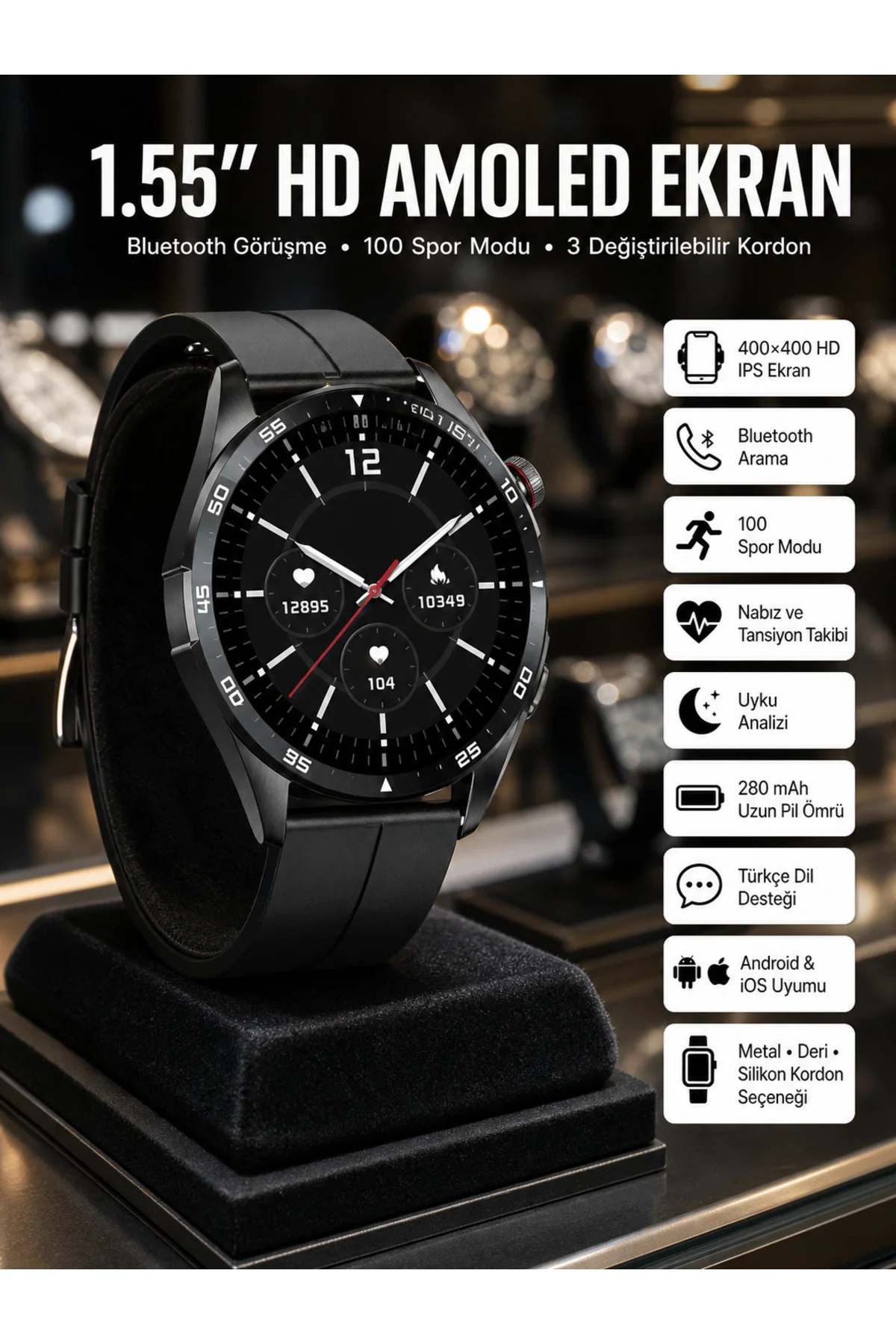Amoled Ekran 3 Kordonlu Akıllı Saat 5.0 Bluetooth Bağlantılı Android ve İOS Uyumlu
