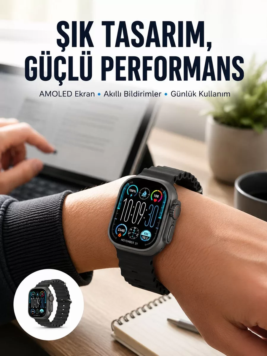 AMOLED Ekran 49mm Ultra Tasarım 3 Kordonlu Akıllı Saat Yeni Nesil - Güçlü Pil & Bluetooth Arama