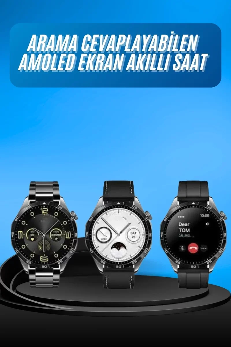 Amoled Ekranlı 5.0 Bluetooth Akıllı Saat - Android ve İOS Uyumlu, Nabız Ölçer ve 3 Kordon Seçeneği