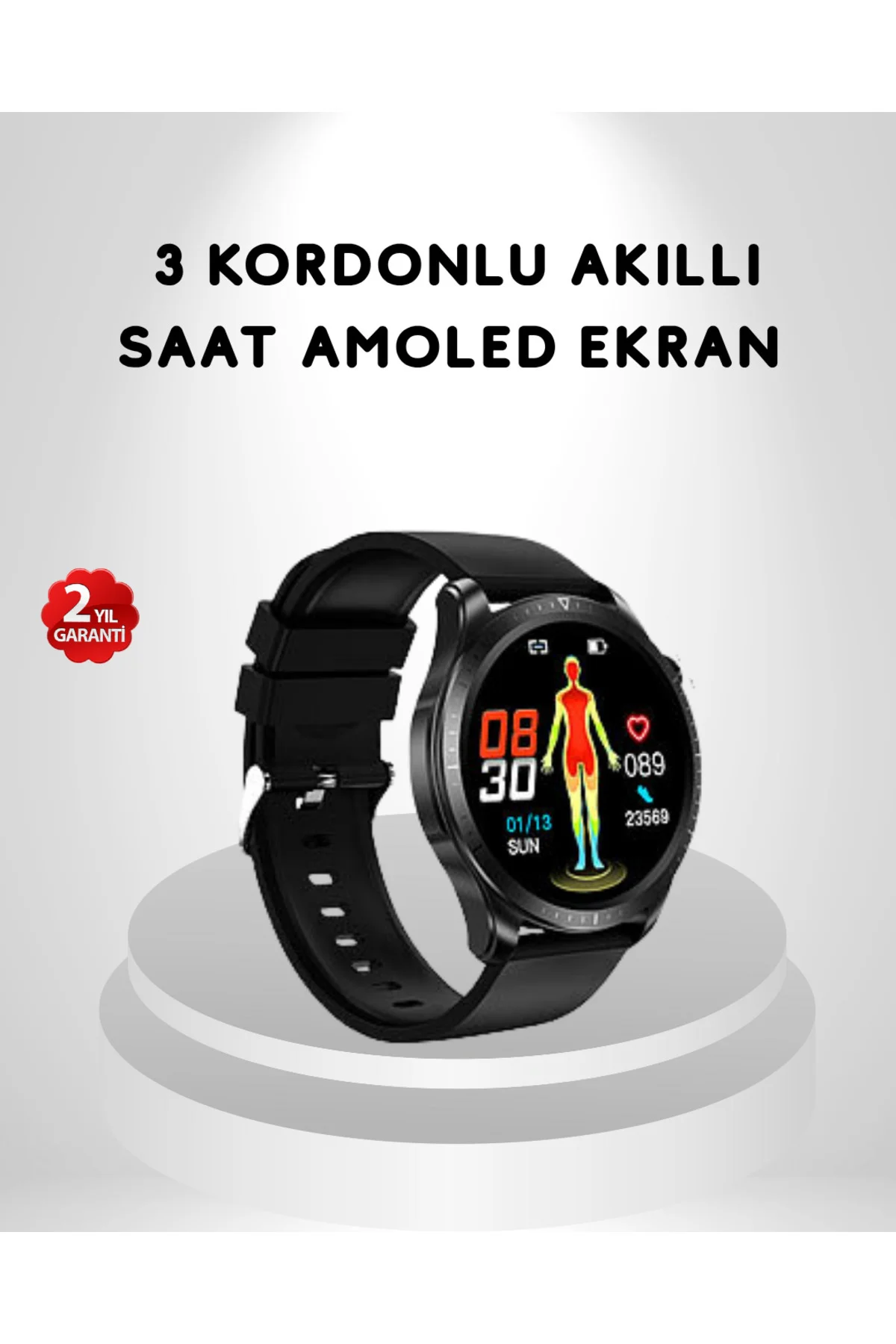 AMOLED Ekranlı Akıllı Saat – 3 Kordon Seçenekli, Suya Dayanıklı, Kalp Atış ve Uyku Takip Özellikli