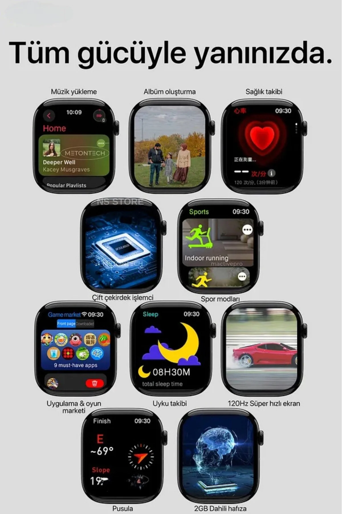 AMOLED Ekranlı Akıllı Saat | Nabız ve Uyku Takibi, GPS, Suya Dayanıklı, Siyah Silikon Kordon