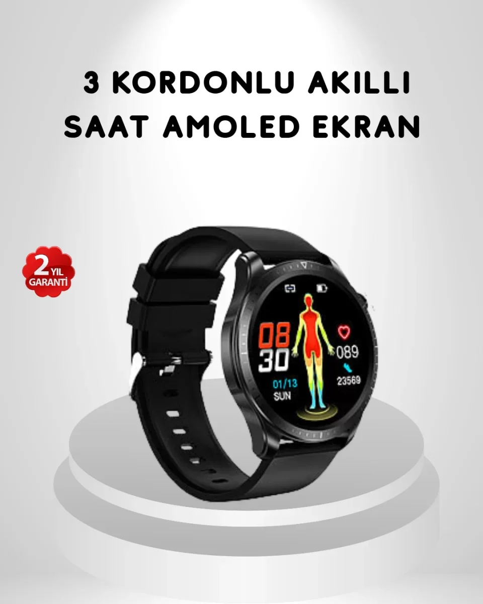 AMOLED Ekranlı Akıllı Saat – 3 Kordon Seçenekli, Suya Dayanıklı, Kalp Atış ve Uyku Takip Özellikli - Lisinya
