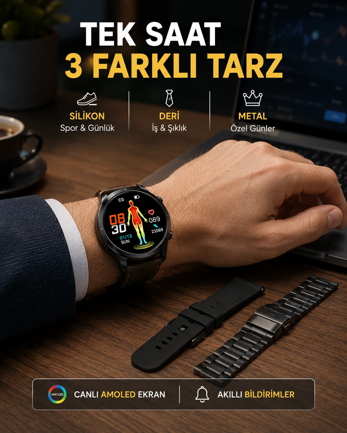 AMOLED Ekranlı Akıllı Saat – 3 Kordon Seçenekli, Suya Dayanıklı, Kalp Atış ve Uyku Takip Özellikli
