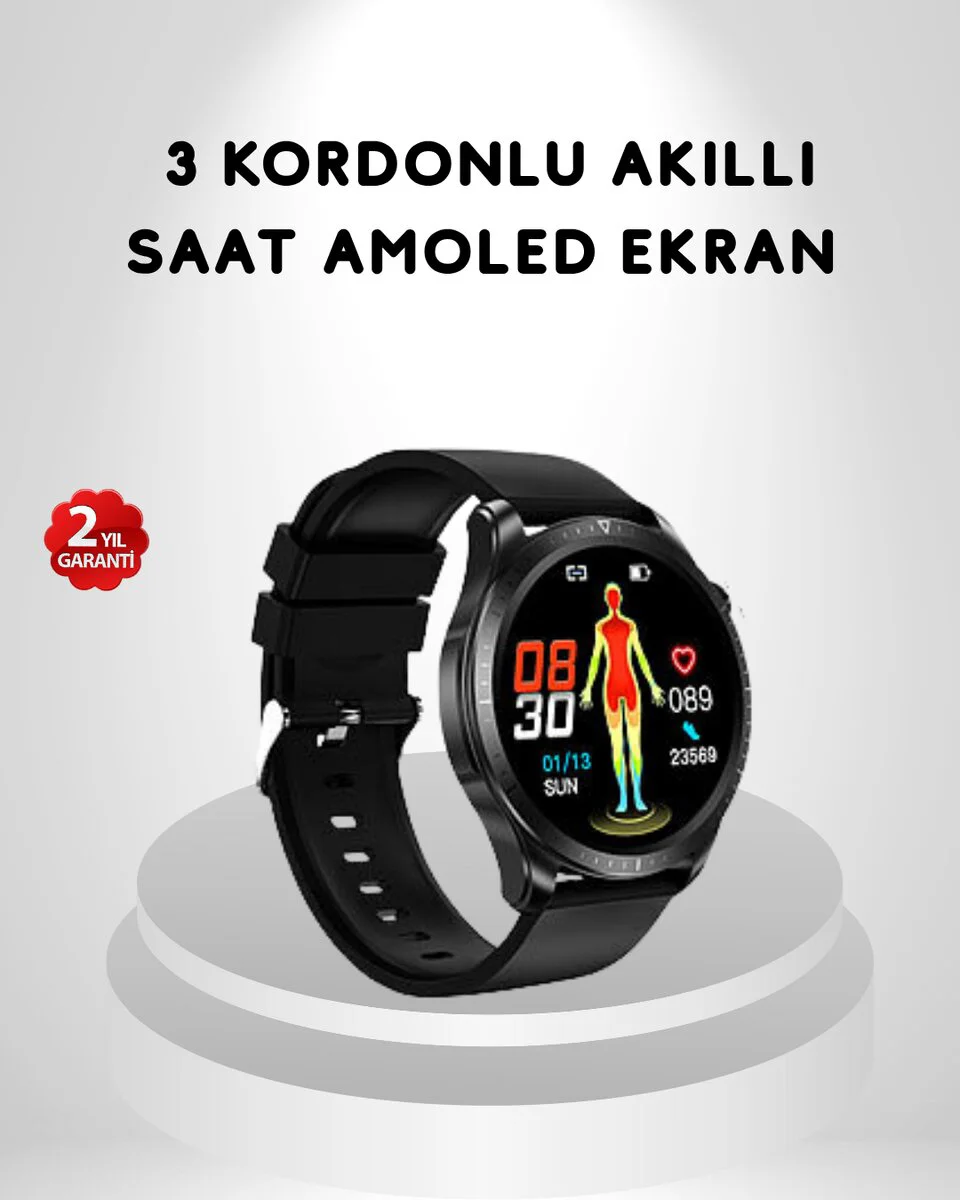 AMOLED Ekranlı Akıllı Saat – 3 Kordon Seçenekli Suya Dayanıklı Kalp Atış ve Uyku Takip Özellikli
