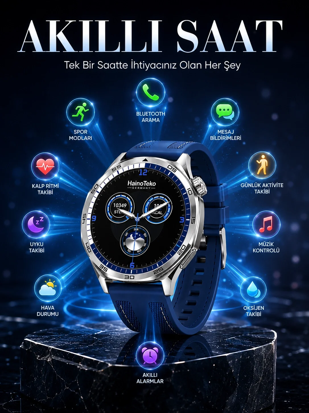 AMOLED Ekranlı Bluetooth Akıllı Saat 3 Kordonlu Uzun Pil Ömürlü