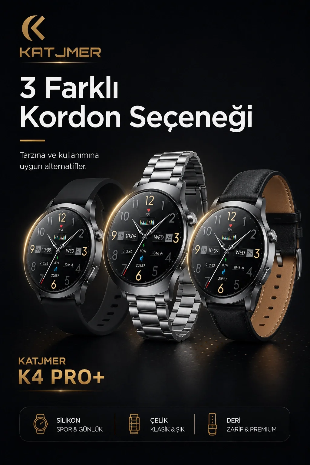 AMOLED Ekranlı Metal Kordonlu Akıllı Saat Üç Kayışlı Spor Takip Ve Bildirim Özellikli