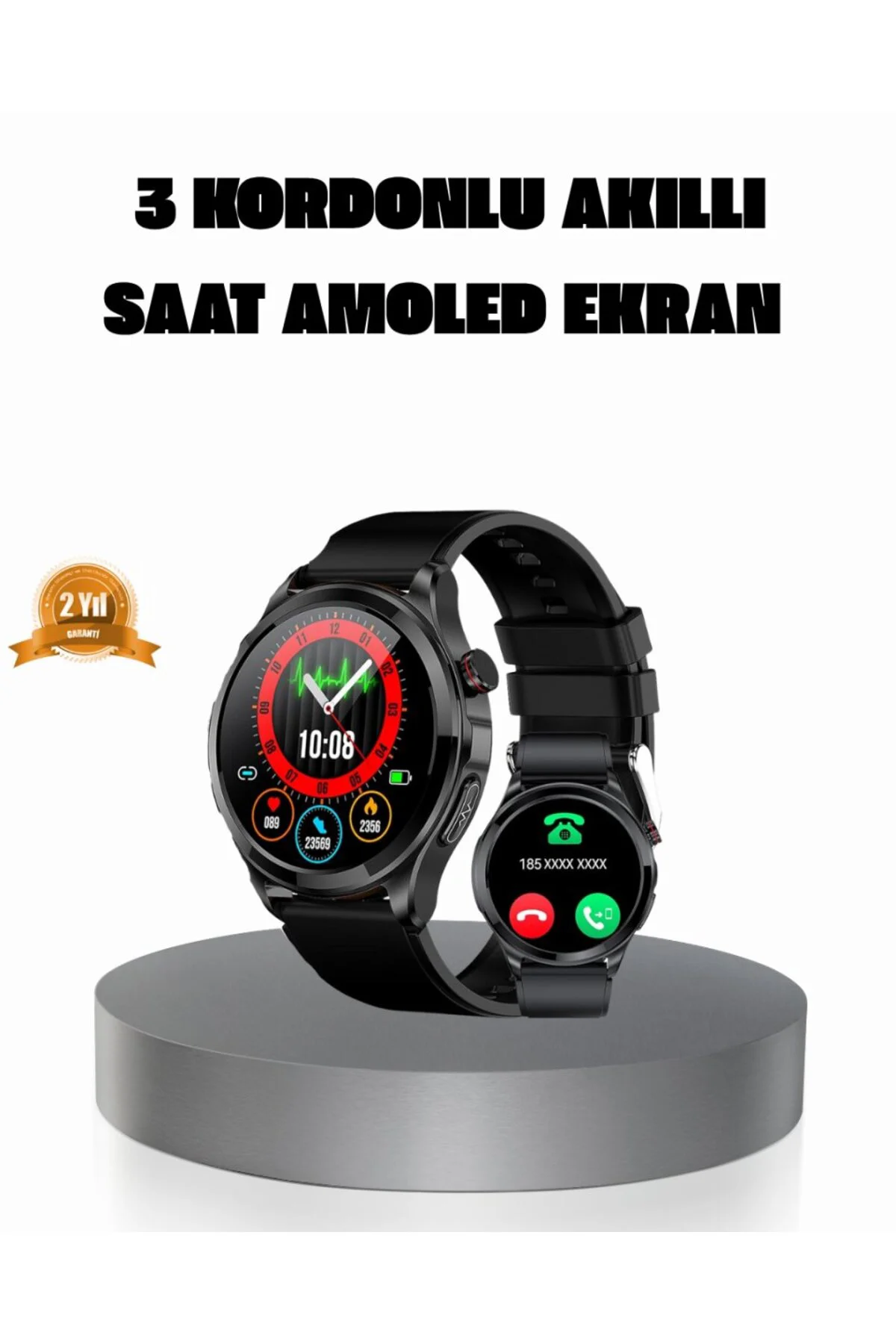 AMOLED Ekranlı Smartwatch – 3 Kordonlu, Kalp Atış & Uyku Takipli 