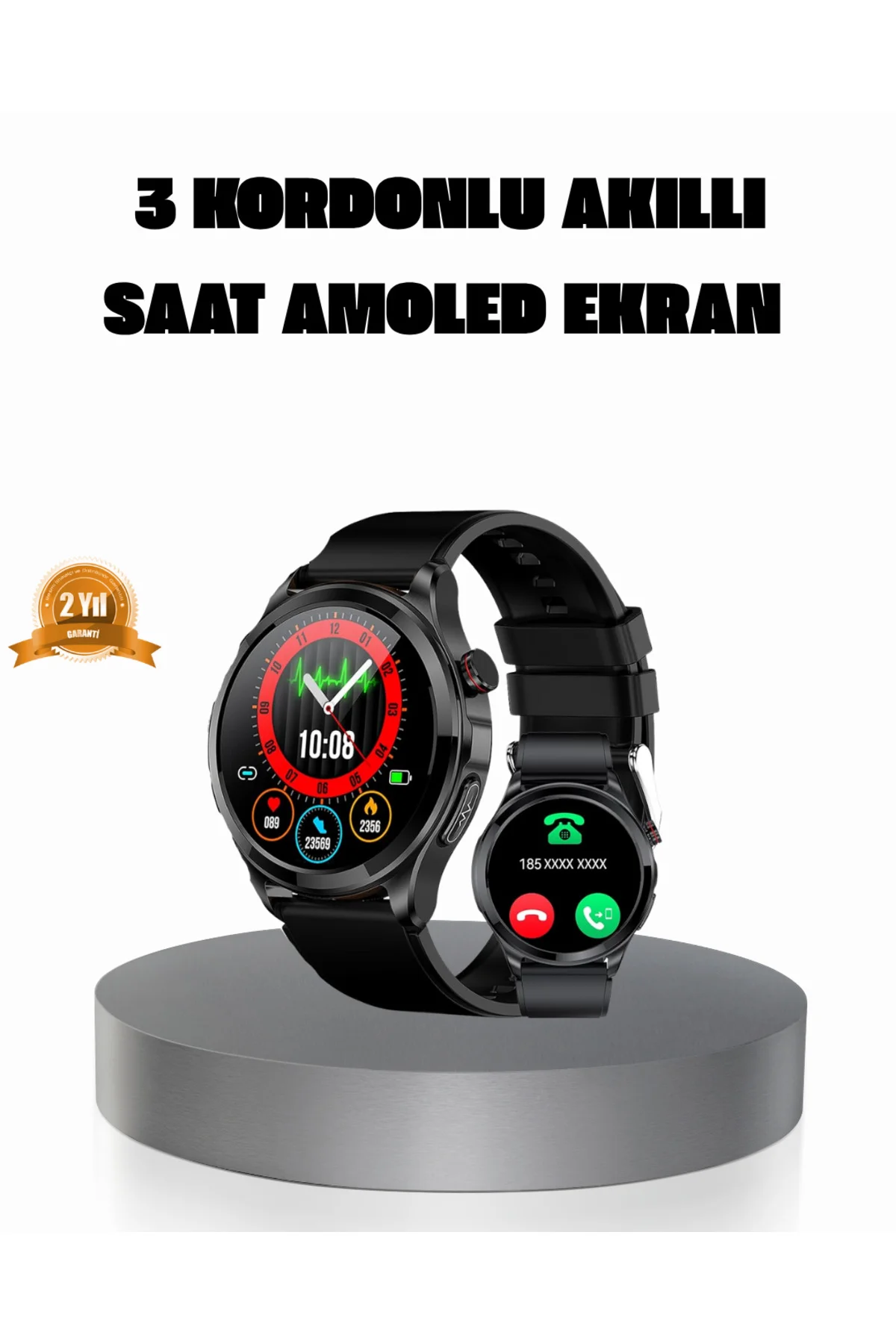 AMOLED Ekranlı Smartwatch – 3 Kordonlu, Kalp Atış & Uyku Takipli Akıllı Saat