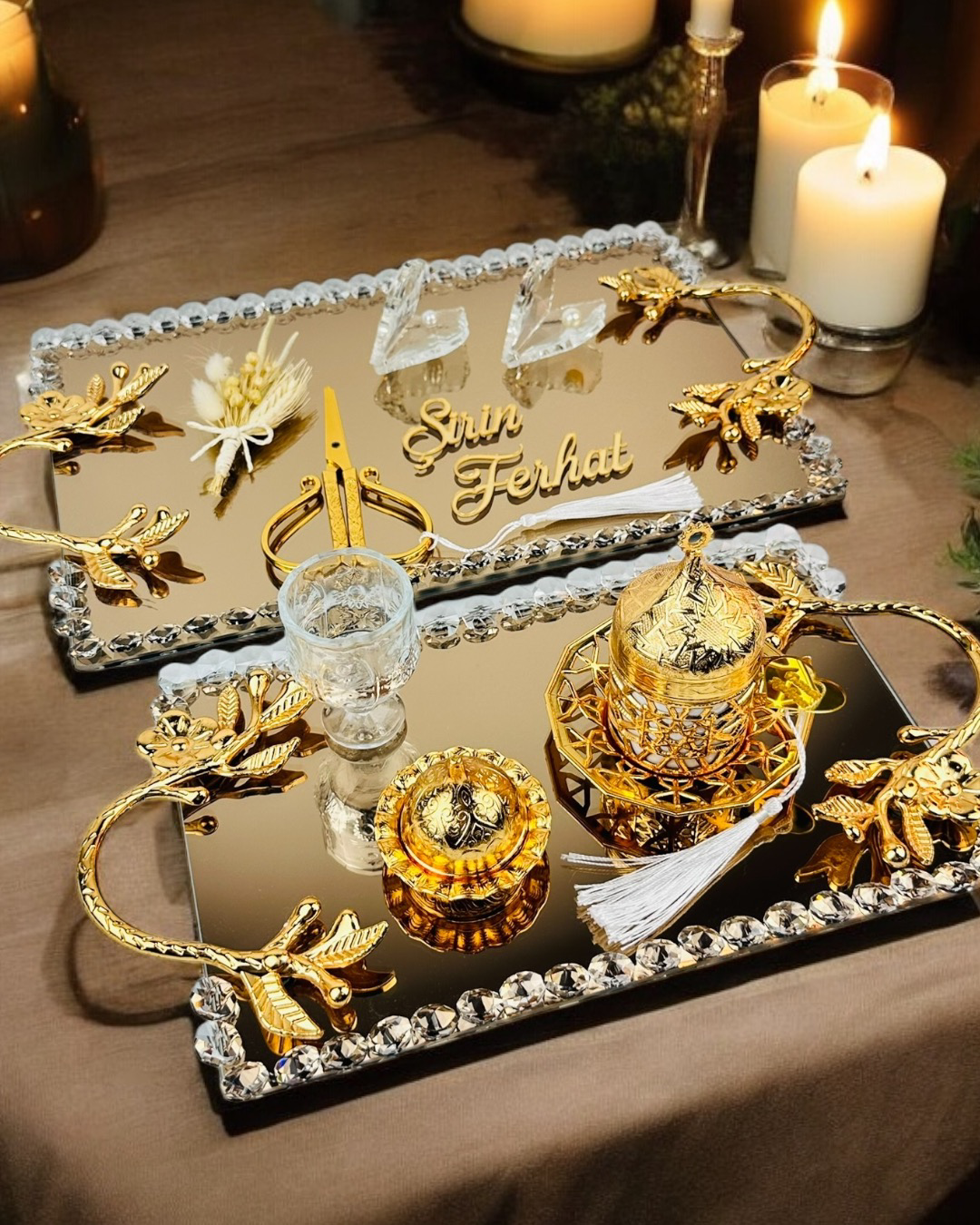 Cyzhome Amour Gold Lüks Swarovski Söz Nişan Tepsisi Cyzhome Amour Gold Lüks Swarovski Söz Nişan Tepsisi