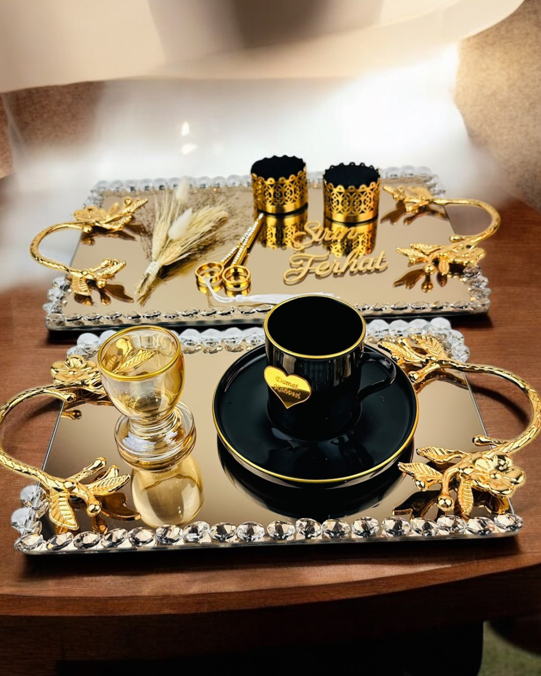 Cyzhome Amour Gold Lüks Swarovski Söz Nişan Tepsisi Cyzhome Amour Gold Lüks Swarovski Söz Nişan Tepsisi