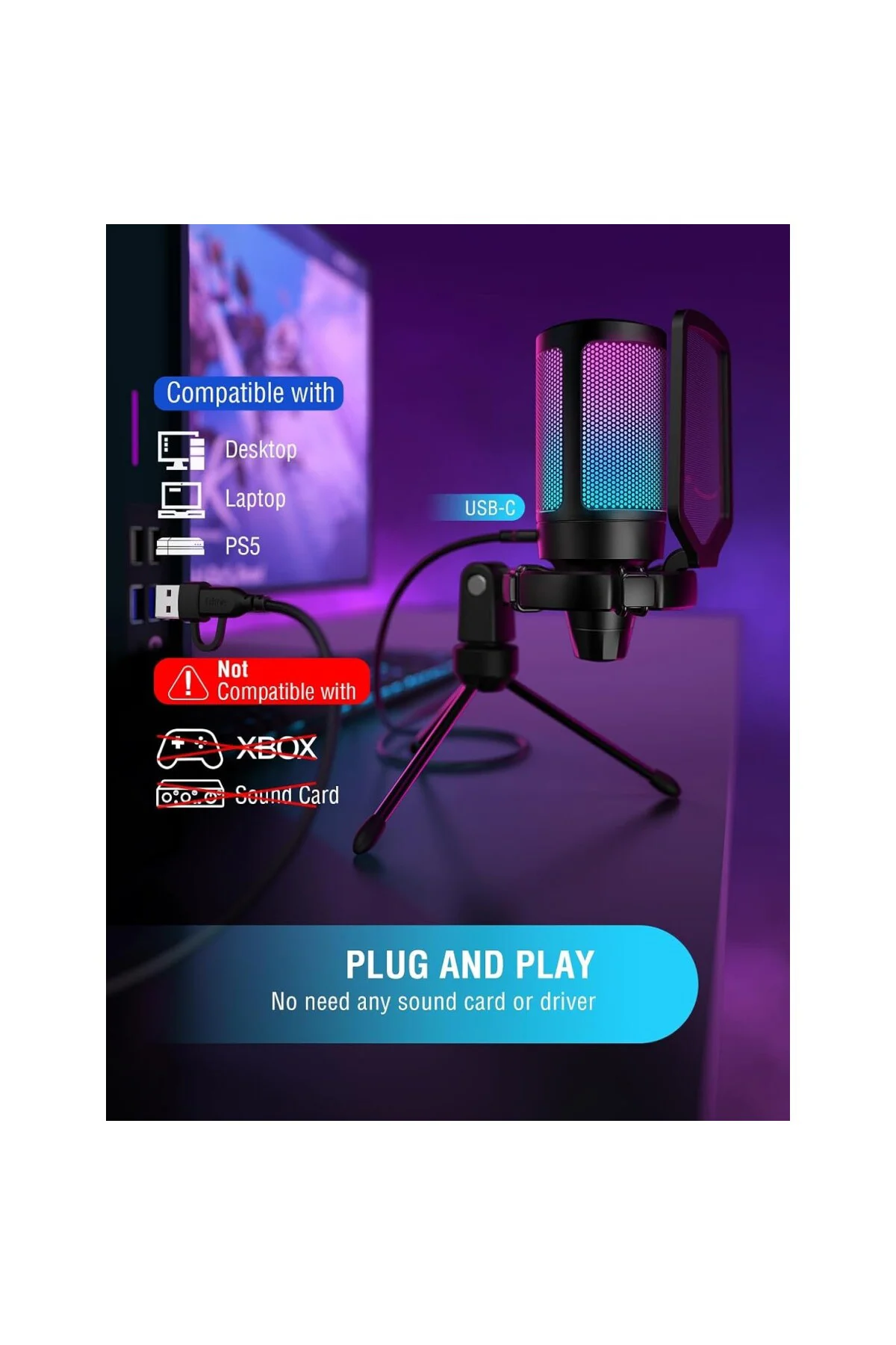 Ampligame A6V Yayıncı - Oyuncu - Gamer - Podcast - Youtuber RGB USB Mikrofon (Siyah)