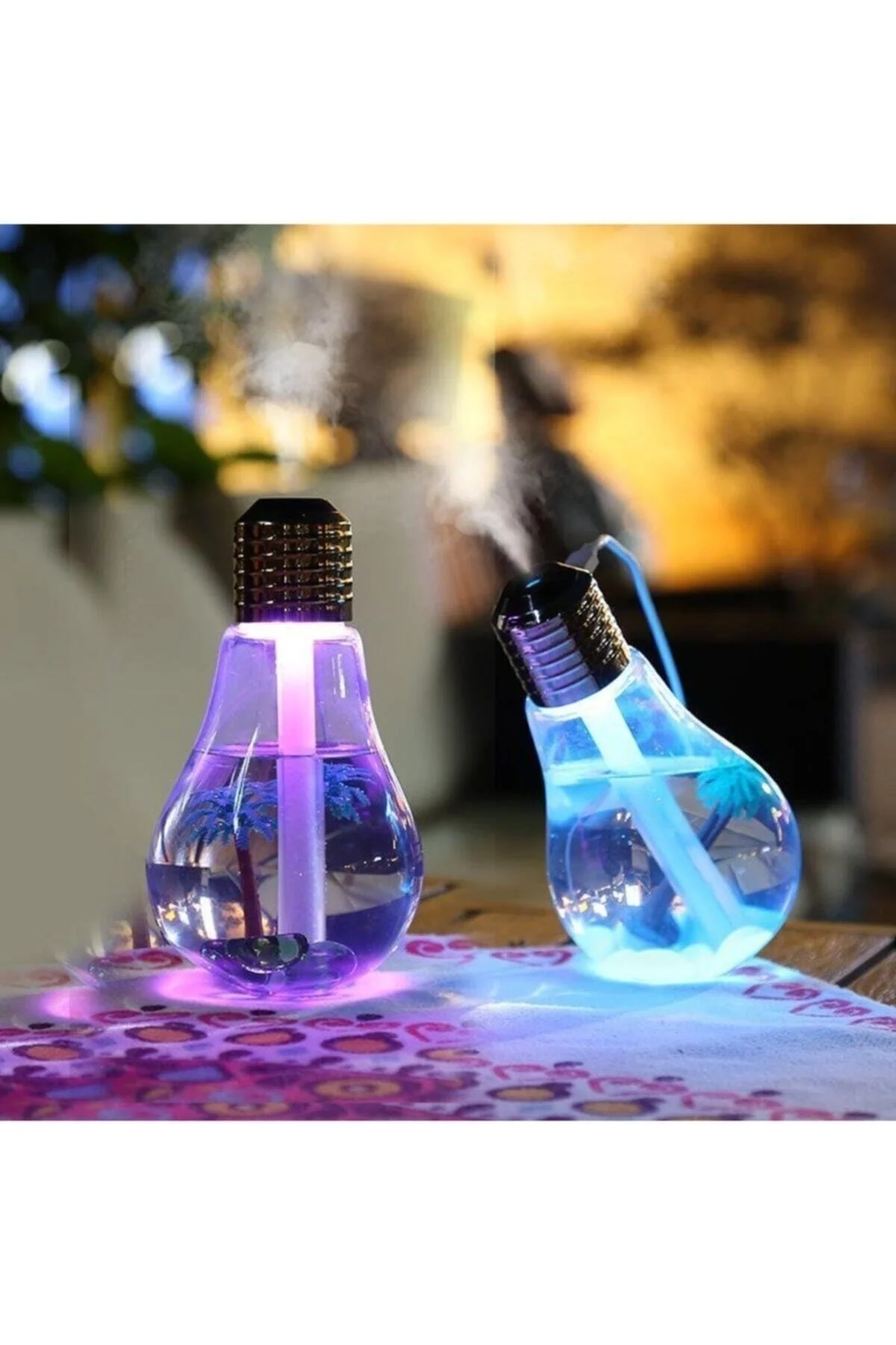 Ampul şekilli oda hava nemlendirici USB su hazneli sıcak buharlı 7 LED ışıklı mavi