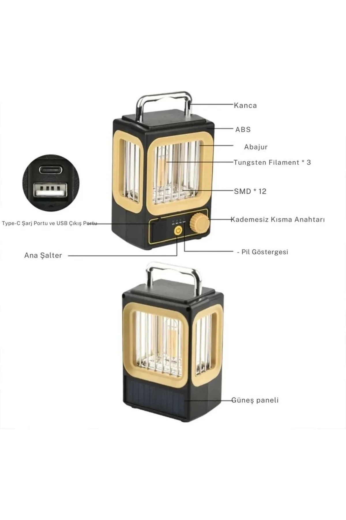 Ampul Solar Şarj Edilebilir 12 Led 1 Rustikli Led Kamp Lambası
