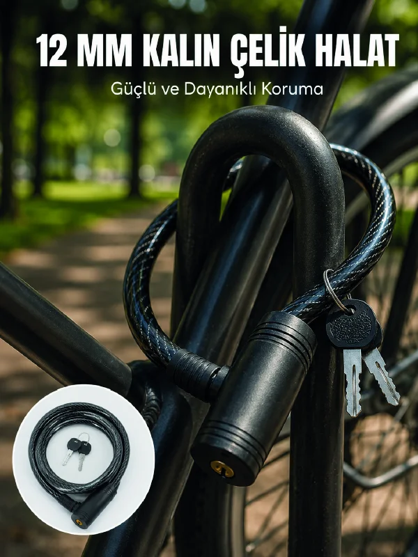 Anahtarlı Çelik Halat Kilit 12 mm Güçlü Bisiklet Kilidi 80 cm PVC Kaplamalı Elektrikli Scooter ve Motosiklet Uyumlu