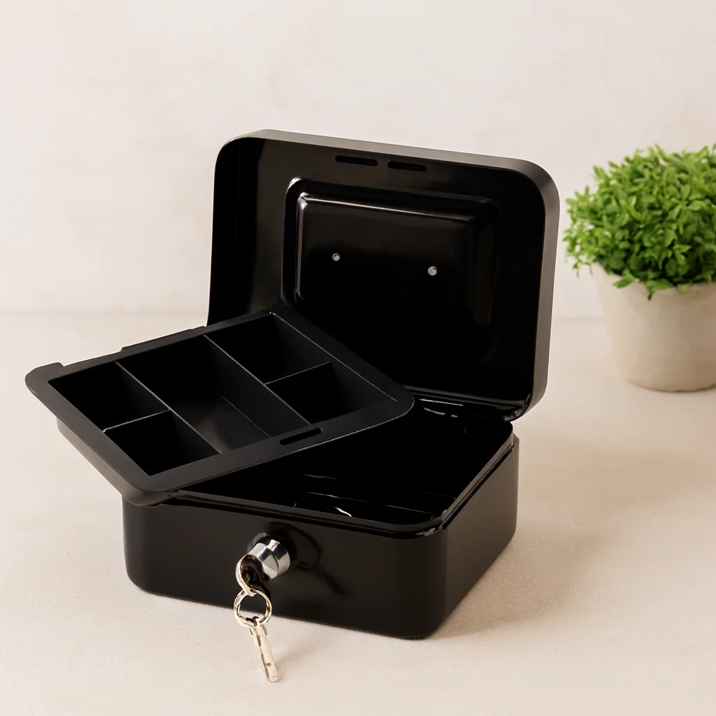 Anahtarlı Metal Para Kutusu 15x12x8 cm - 6 Bölmeli Taşıma Kulplu