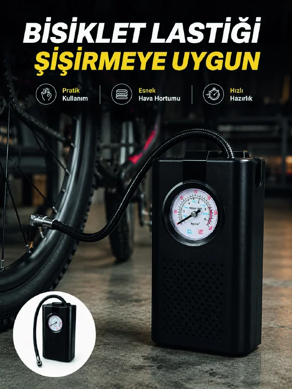Analog Manometreli Kompakt Araç Hava Pompası Lastik Şişirme Cihazı - Lisinya