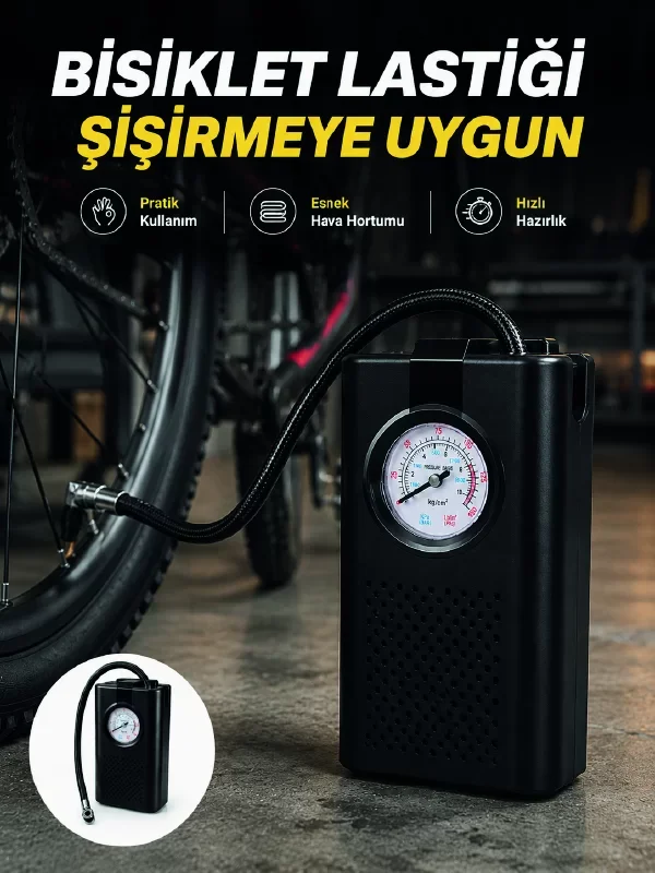 Analog Manometreli Kompakt Araç Hava Pompası Lastik Şişirme Cihazı - Güçlü ve Kullanımı Kolay