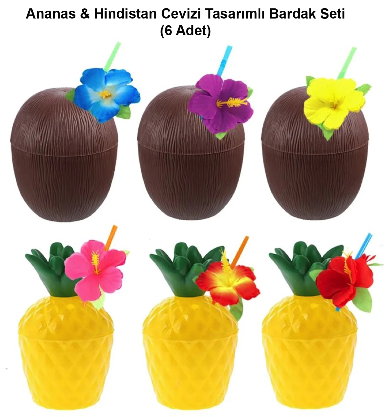 Ananas & Hindistan Cevizi Tasarımlı Pipetli Bardak Seti (6 Adet) – Tropikal Parti Aksesuarları
