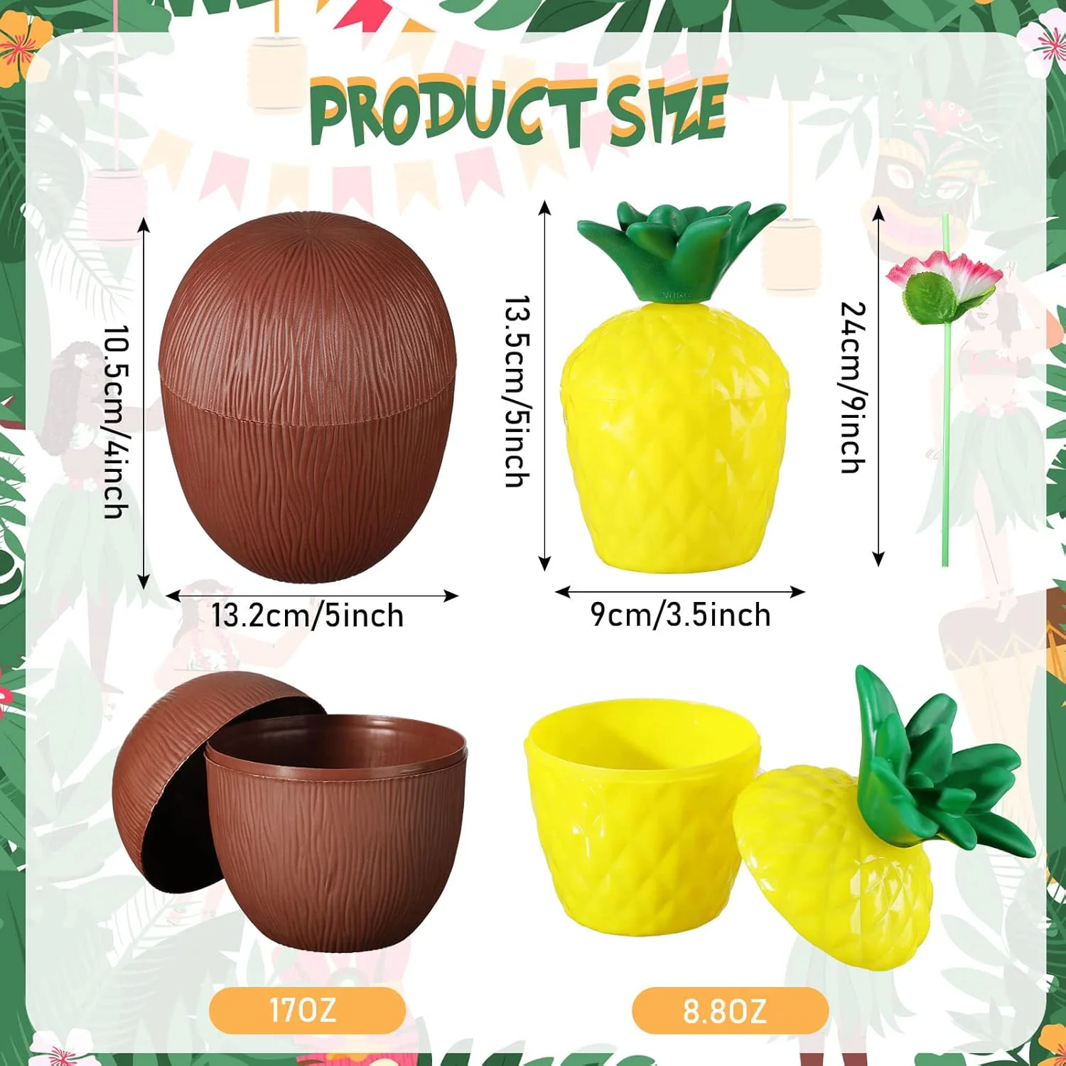 Ananas & Hindistan Cevizi Tasarımlı Pipetli Bardak Seti (6 Adet) – Tropikal Parti Aksesuarları