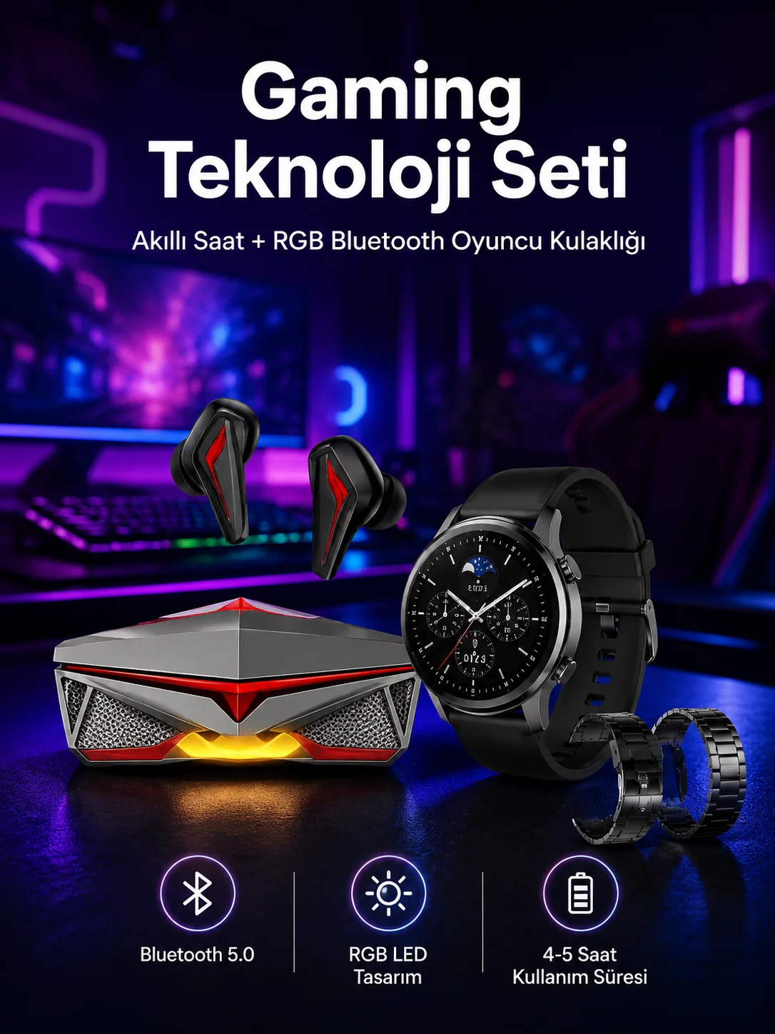 ANC Özellikli Bluetooth Kulaklık ve Amoled Ekran Akıllı Saat Uyku ve Sağlık Takibi Nabız Ölçer