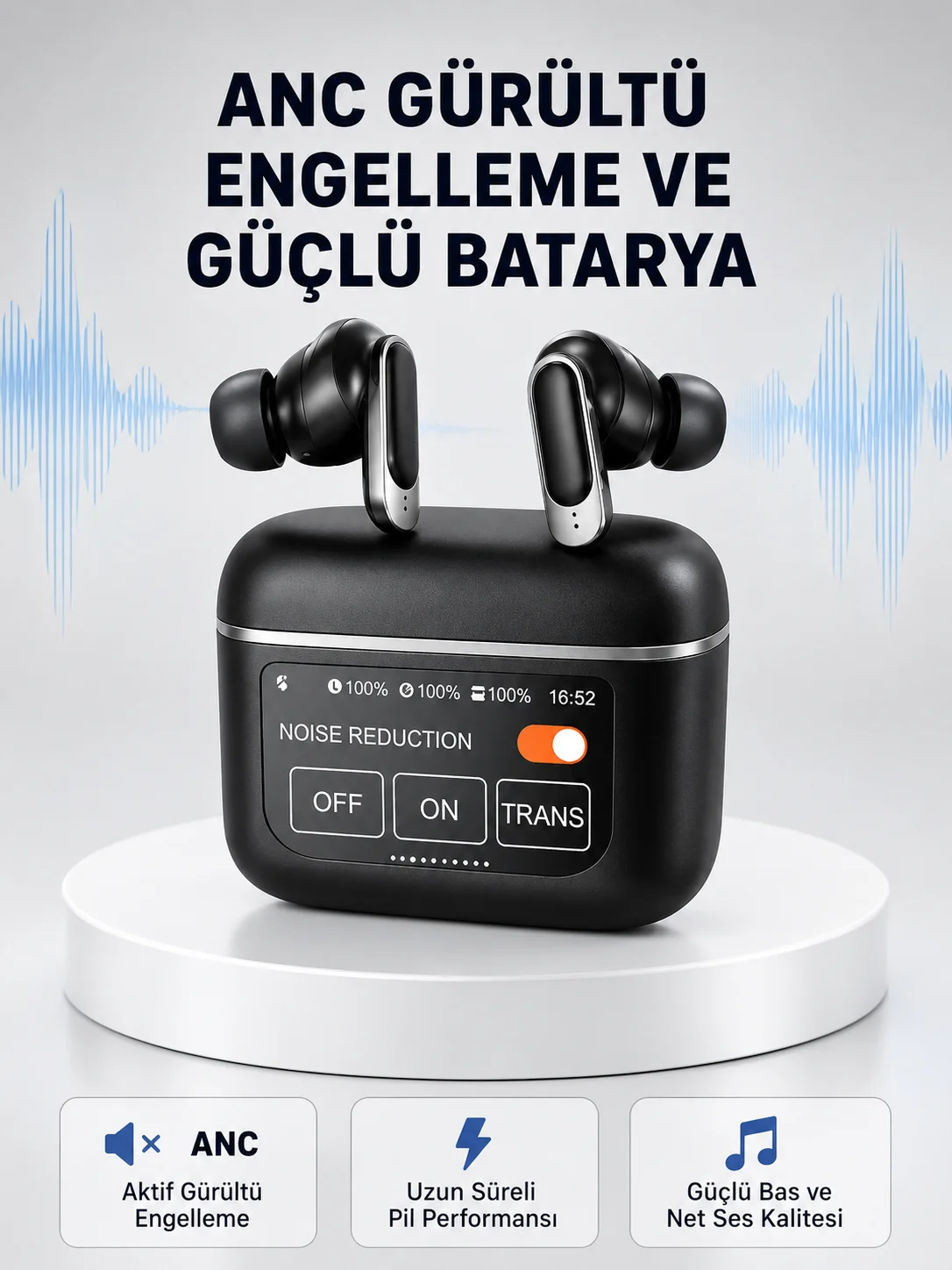 ANC Teknolojili Kablosuz Bluetooth Kulaklık – Dokunmatik, Dijital Göstergeli, Yüksek Ses Kalitesi