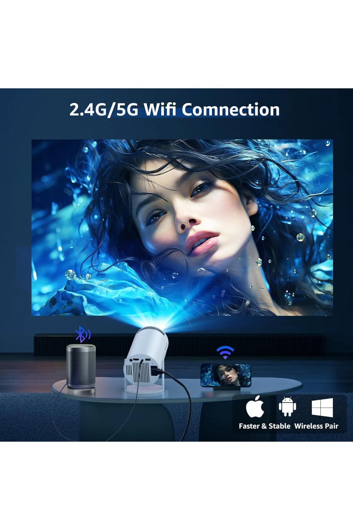 Android TV 11.0 ile Akıllı Projektör, 5G WiFi ve Bluetooth ile 1080P Taşınabilir Proj
