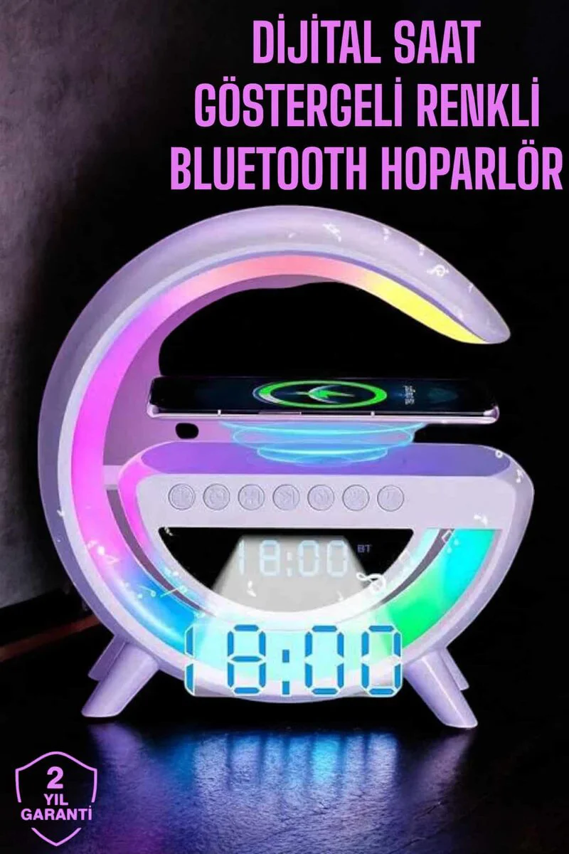 Android Uyumlu Akıllı Bluetooth Hoparlör Kablosuz Şarj Standı - Kablosuz Şarj ve RGB Gece Lambası