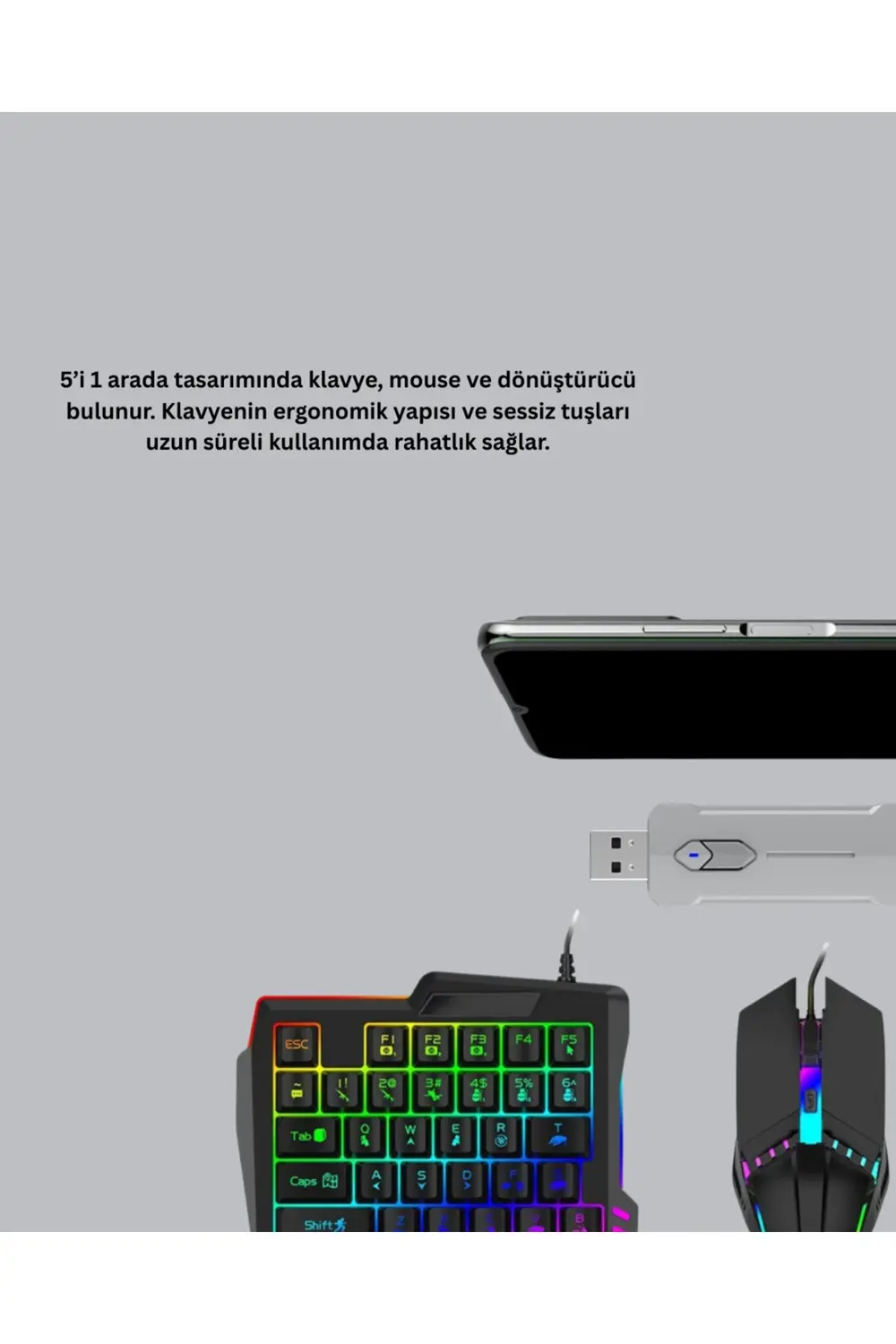 Android Uyumlu Mobil Oyun Kiti 5in1 Klavye Mouse Dönüştürücü Geci