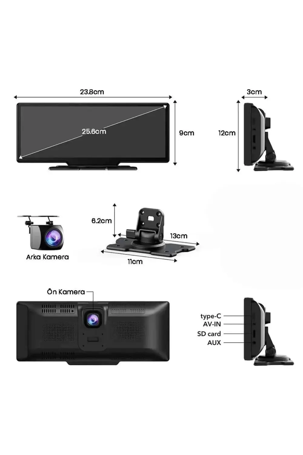 Android ve İOS Uyumlu Ön Arka Çift Kameralı Araç Ekranı Dokunmati