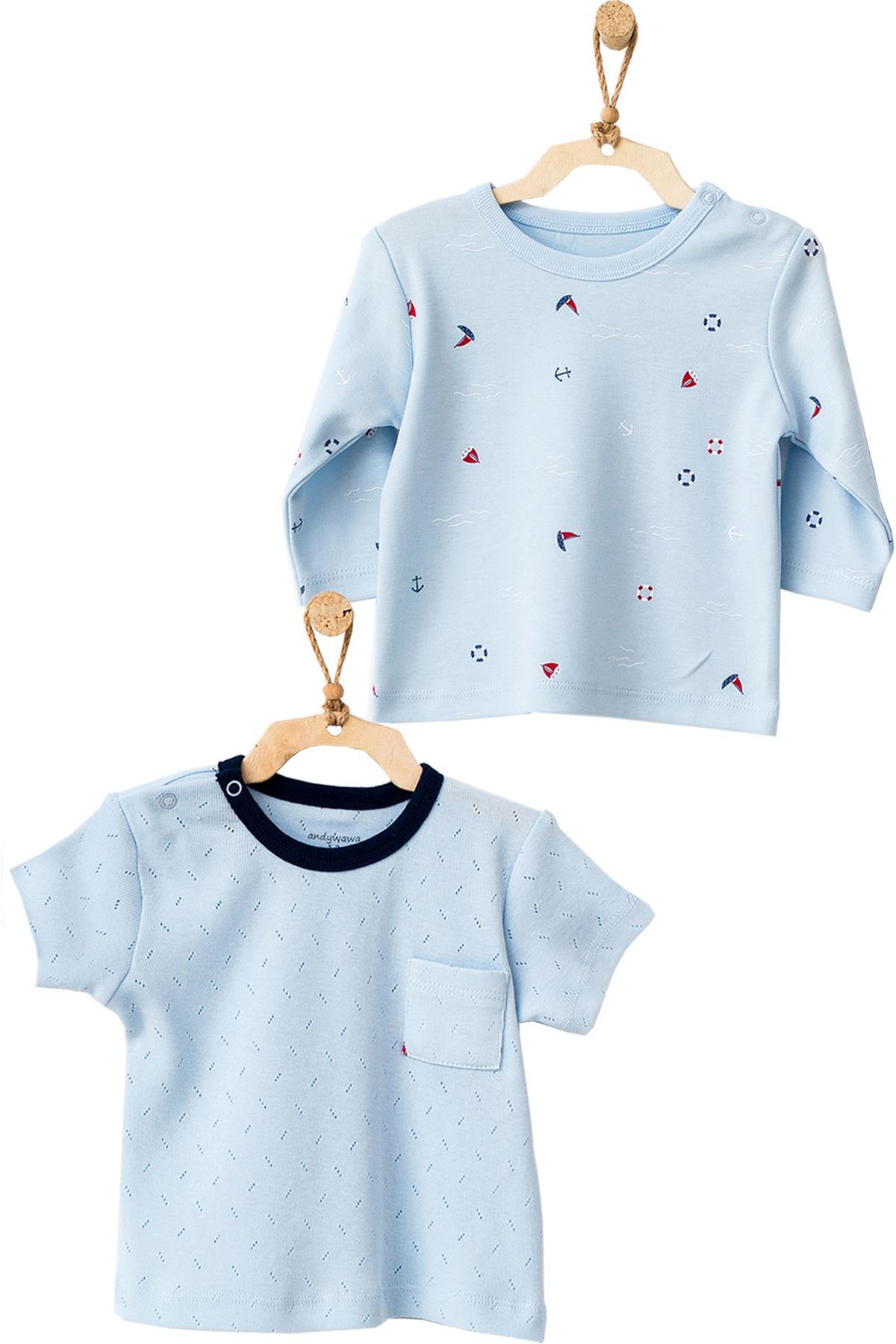 Andywawa  Erkek Bebek Yelken Motifli Mavi 2Li Tişört Takımı Ac2160