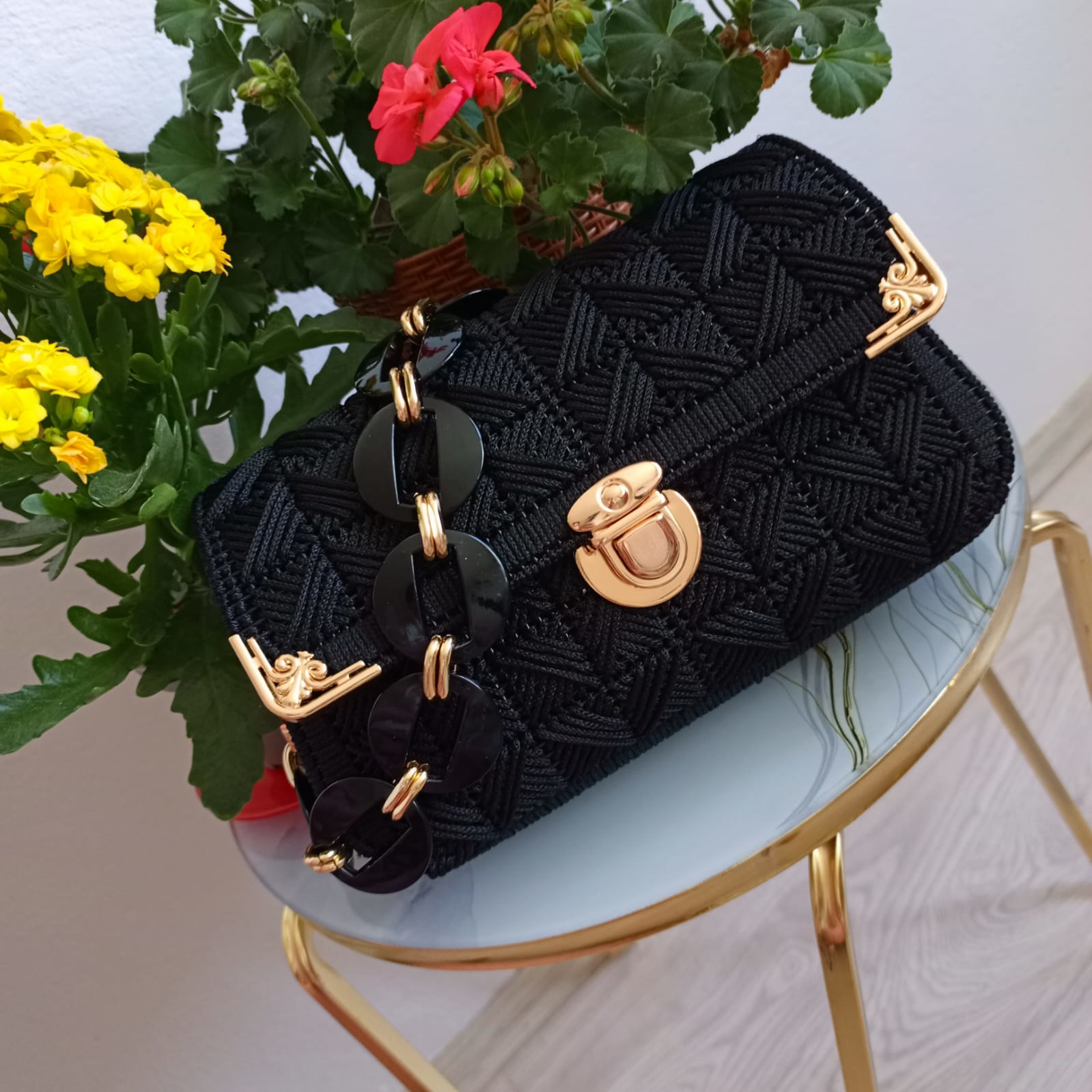 ANGEL LEON DREAM Kanvas El Yapımı Kadın Kol ve El Çantası Gold Detaylı