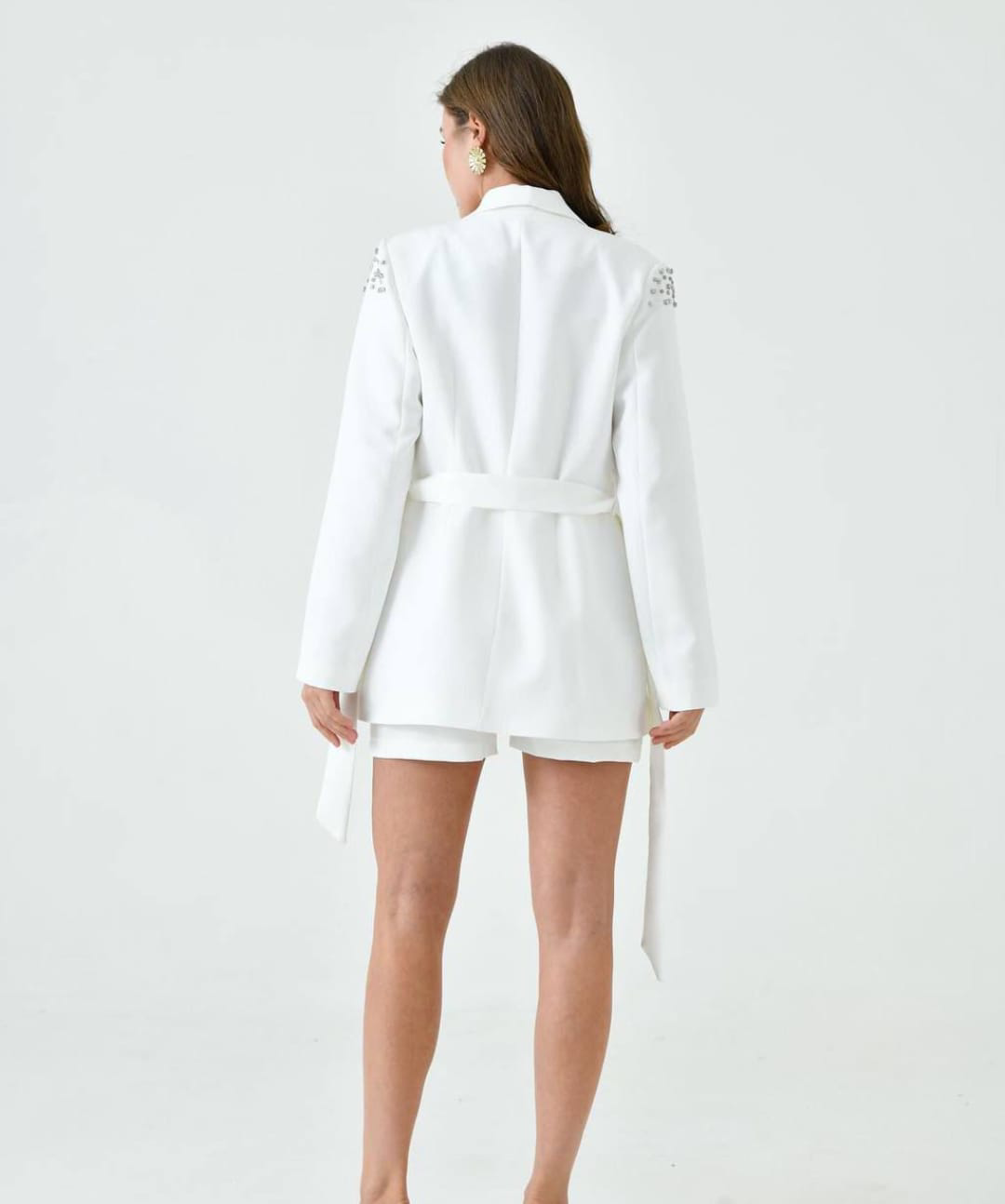 ANGEL LEON DREAM Kuşaklı Omuzları Taş İşlemeli Double Kumaş Blazer Ceket