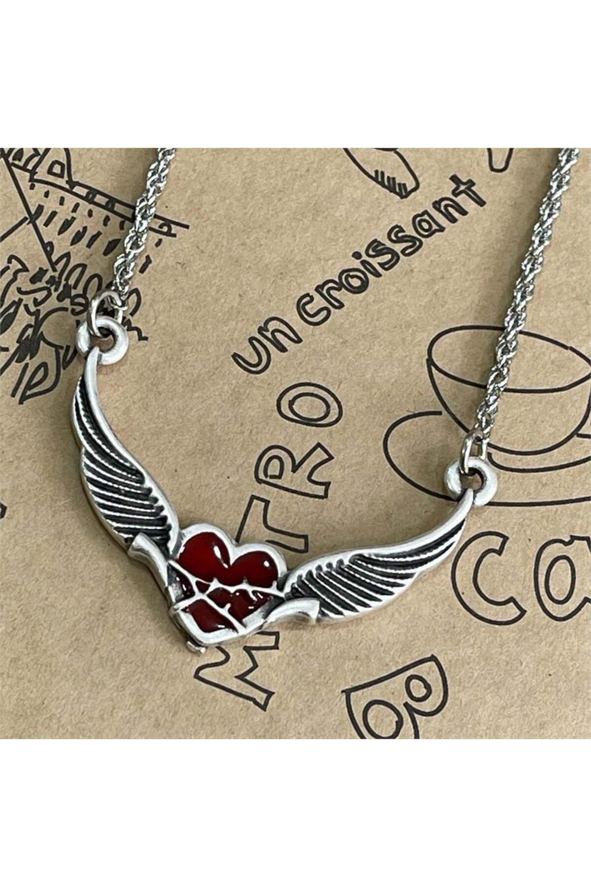 Angel Wings Kırmızı Kalp Kolye
