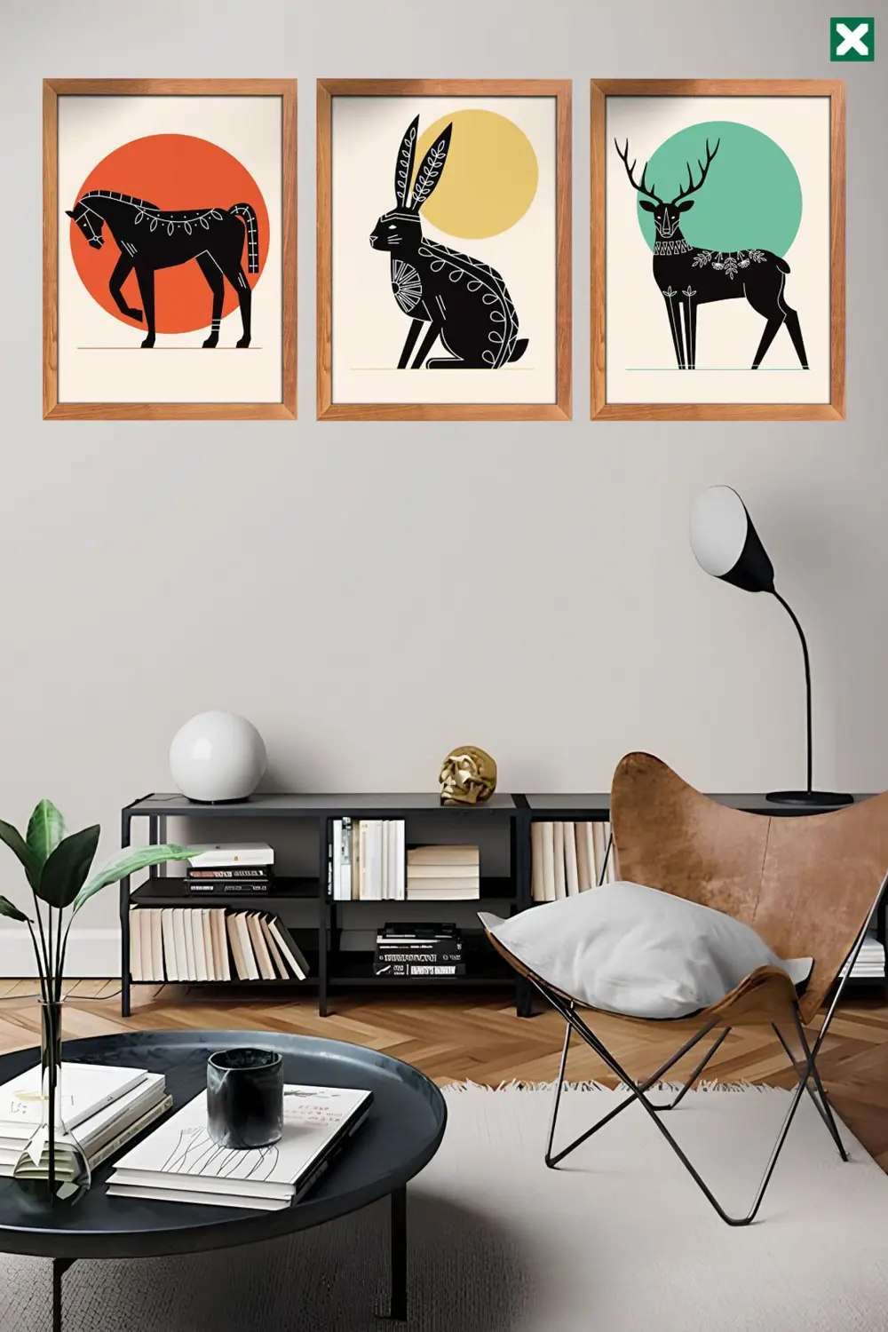 Animals Geometric 3'lü Set, Çerçeve Görünümlü Modern Mdf Tablo